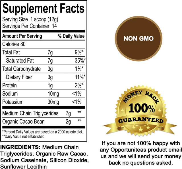 Opportuniteas MCT Oil Powder, Keto Creamer for Coffee, Tea, Drinks&Smoothies, Low Carb Keto Friendly, Boost Energy&Mental Focus, Supplement for Ketogenic Diet, Gluten Free&Non-Gmo, Dark Chocolate 6 Oz