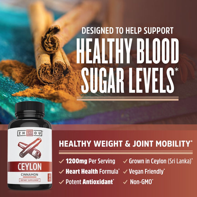 Zhou Heart Hero | Supports Blood Sugar, Heart Health and Joint Mobility | True Cinnamon Native to Sri Lanka | 30 Servings, 60 CT