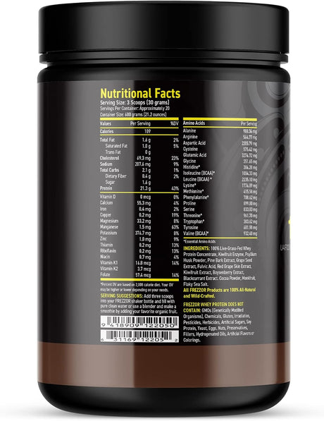 FREZZOR 100% Grass-Fed Whey Chocolate Protein Powder with UAF1000+, Keto Friendly, 21G Protein, Bcaas & Eaas, Gmo-Free, Rbgh-Free, No Added Sugar/Preservatives, Made in New Zealand, 600 Grams, 1 Count