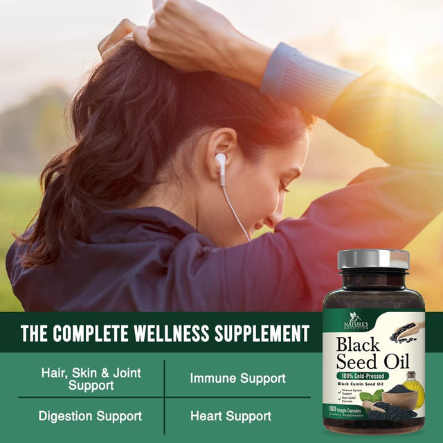 Black Seed Oil Capsules 1000Mg - Vegan Cold-Pressed Nigella Sativa Black Seed Oil, Nature'S Pure Black Cumin Seed Oil for Immune, Hair and Brain Support, Non-Gmo - 180 Capsules