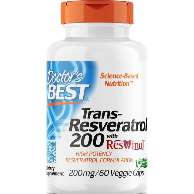 Doctor'S Best Trans-Resveratrol with Resvinol, Non-Gmo, Vegan, Gluten Free, Soy Free, 200 Mg, 60 Veggie Caps