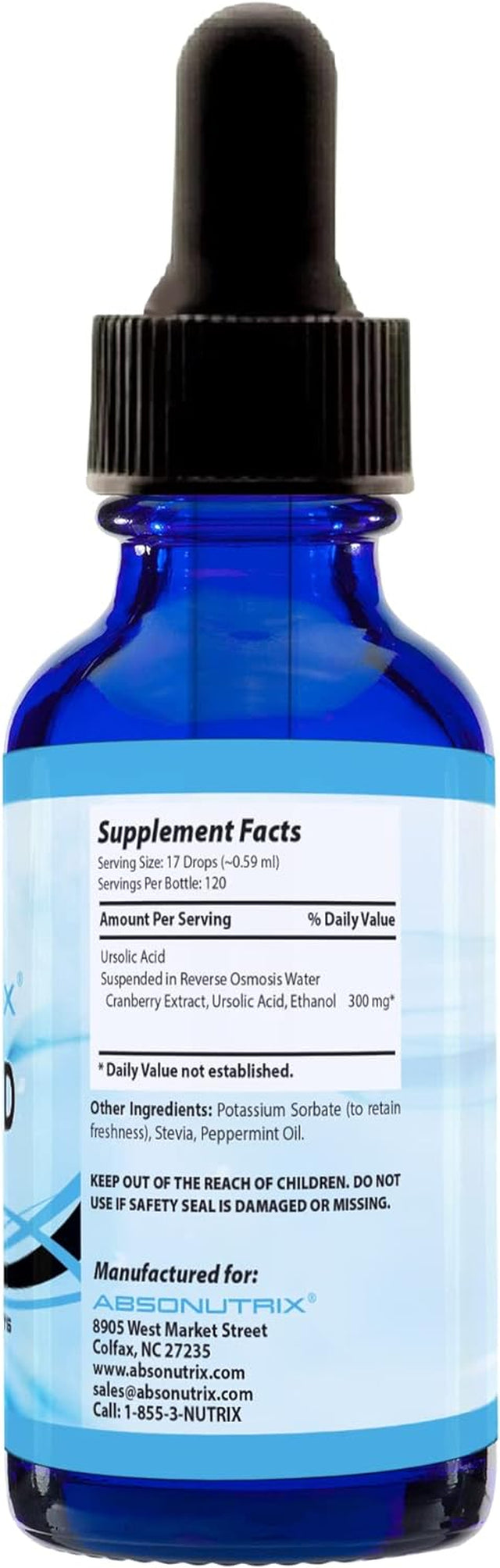 Absonutrix Ursolic Acid 300Mg, 4 Fl Oz Bottle, 120 Highly Potent Servings, High Bioavailability, Quick Absorption, Third-Party Tested, Gmp-Certified, Non-Gmo, Cruelty-Free Products, Made in USA