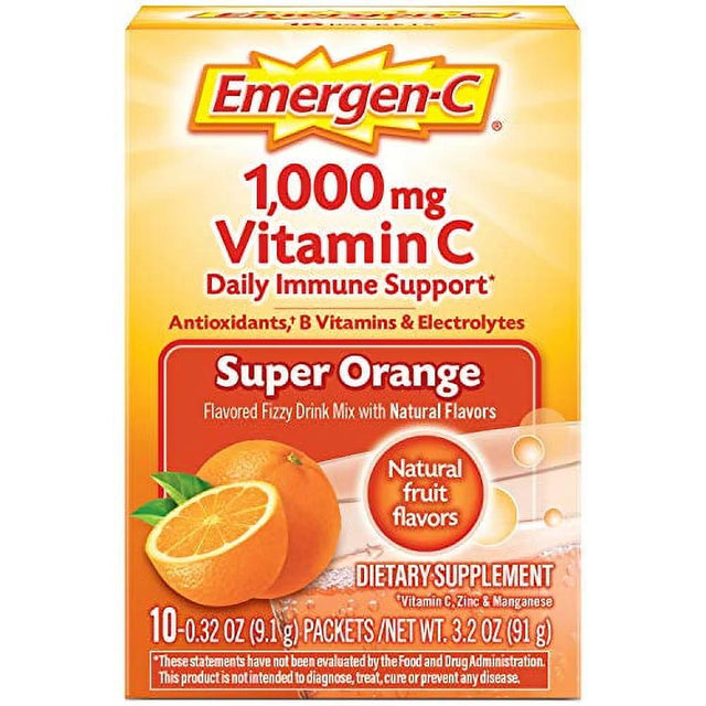 Emergen-C 1000Mg Vitamin C Powder for Daily Immune Support Caffeine Free Vitamin C Supplements with Zinc and Manganese, B Vitamins and Electrolytes, Super Orange Flavor - 10 Count