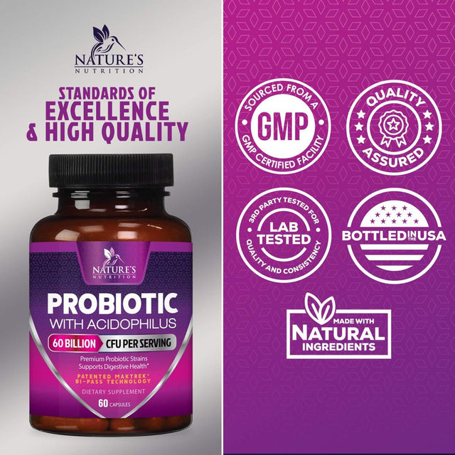 Probiotics, 60 Billion CFU per Serving, Probiotic with Prebiotics for Digestive & Immune Health Support for Women & Men - Nature'S Supplement Is Shelf Stable, Soy, Dairy & Gluten Free - 60 Capsules