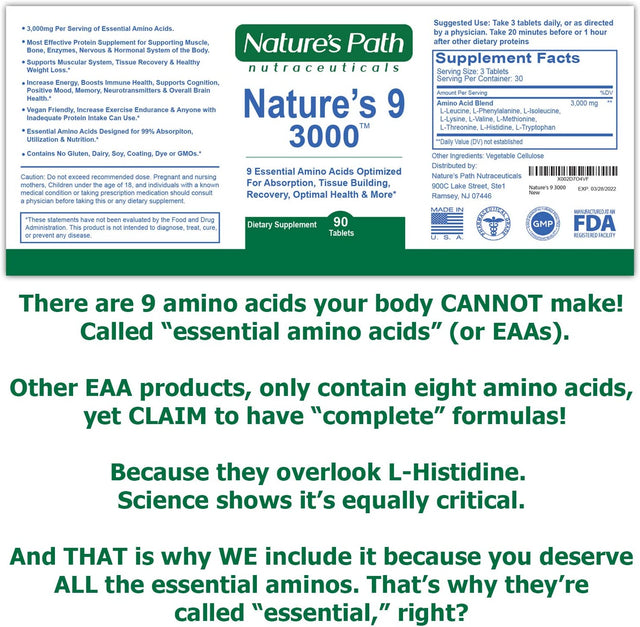 Nature'S 9 3000 Essential Amino Acids Supplement, Best EAA Amino Acid Complex All 9 Essential Amino Acid Pills, Vegan Aminos 90 Pill 1 Gram per Tablet