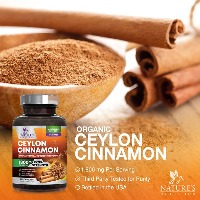 Pure Cinnamon Capsules, Certified Organic Ceylon Cinnamon Pills, Non-Gmo, Gluten-Free, Dairy-Free, Sri Lanka Cinnamon Powder Supplement, Best Vegan True Cinnamomum Vitamins, Sugar Free - 180 Capsules