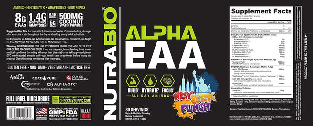 Nutrabio Alpha EAA Hydration and Recovery Supplement - Full Spectrum EAA BCAA Matrix with Electrolytes, Nootropics, Coconut Water - Recovery, Energy, Focus, and Hydration Supplement - New York Punch