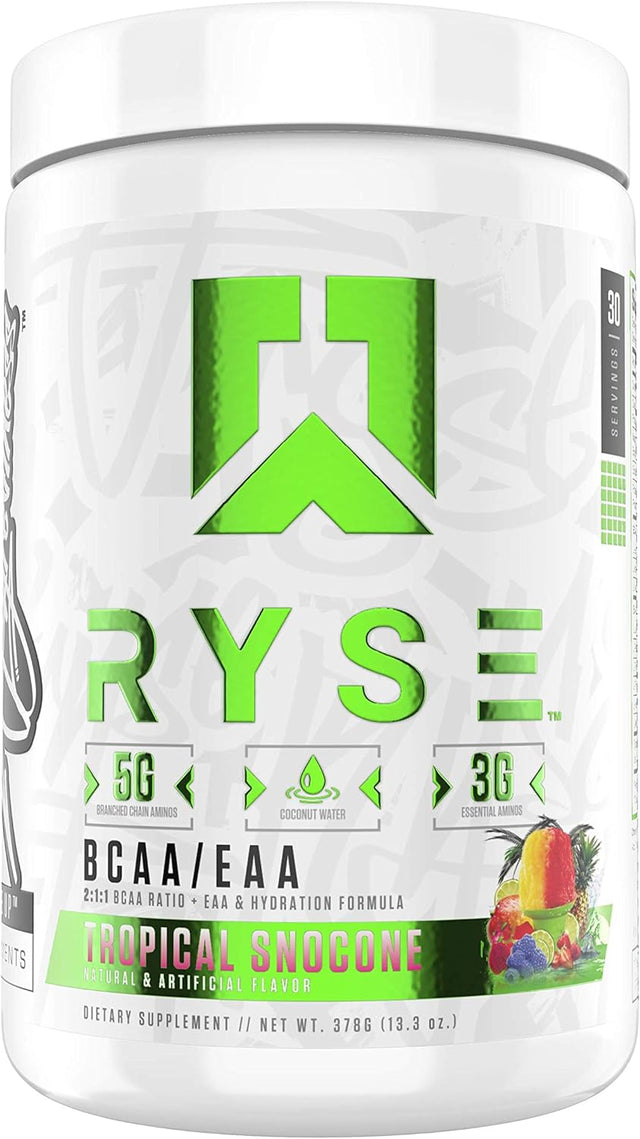 RYSE up Supplements BCAA + EAA Supports Hydration, Endurance and Recovery - Tropical Snocone (13.3 Oz. / 30 Servings)