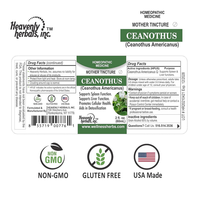 Ceanothus Americanus Q - Homeopathic Mother Tincture - Supports Spleen & Liver Function - Aids in Detoxification. 2 Fl Oz. Manufactured and Shipped by Heavenly Herbals, Inc.