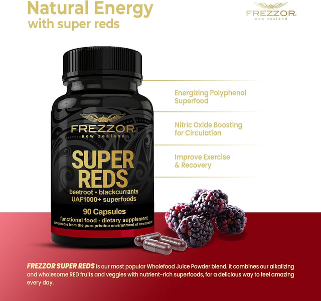 FREZZOR Super Reds Capsules with UAF1000+, All-Natural New Zealand Red Superfood Energy, Essential Red Fruits Veggies& Beets, Antioxidants, Enzymes, Energy Supplements, 540 Capsules, 6 Bottles