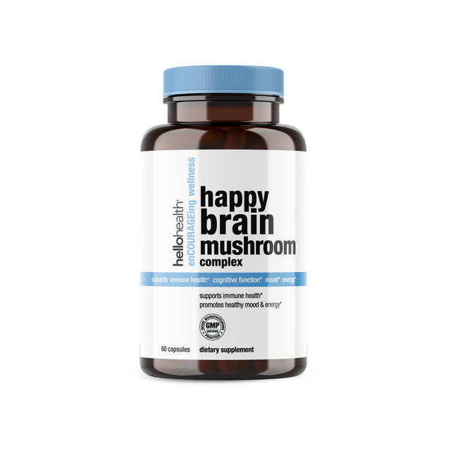 Hello Health Happy Brain - Nootropics Brain Supplement with 10 Brain Support Mushrooms, Mental Clarity, Stress Relief & Immune Support - 60 Capsules