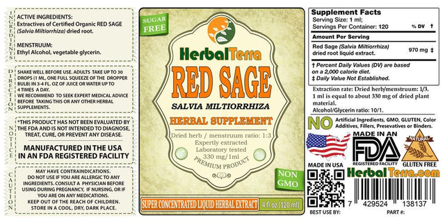 Red Sage (Salvia Miltiorrhiza) Tincture, Organic Dried Roots Liquid Extract (Herbal Terra, USA) 2X2 Oz