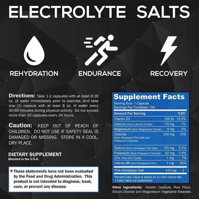 Electrolyte Salt Tablets - 100 Pills - Electrolytes Replacement Supplement for Rapid Hydration