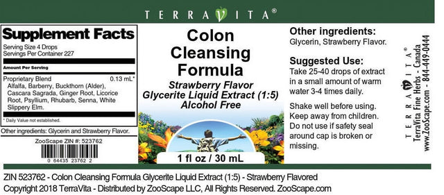 Terravita Colon Cleansing Formula Glycerite Liquid Extract (1:5) - Strawberry Flavored, (Strawberry, 1 Oz, 1-Pack, Zin: 523762)