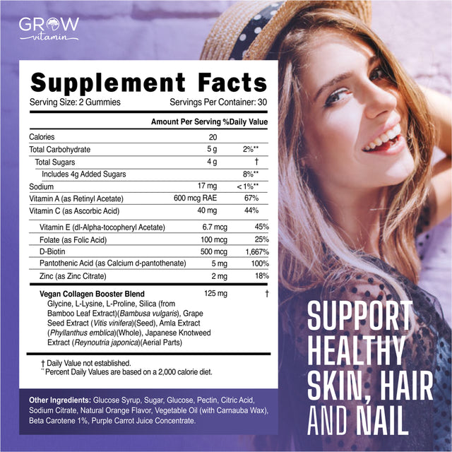 Collagen Boosting Gummies for Hair Skin & Nail Health by Grow Vitamin | Vegan Superfruit for Women and Men Supplement, Best Alternative to Collagen Pills | 60 Gummies