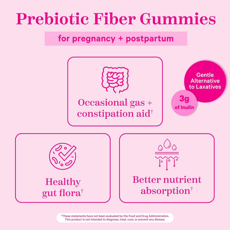 Pink Stork Prenatal Fiber Gummies for Women - 3G Prebiotic Inulin from Chicory Root - Natural Pregnancy & Postpartum Stool Softeners for Constipation & Digestive Health - 60 Vegan Fiber Chews