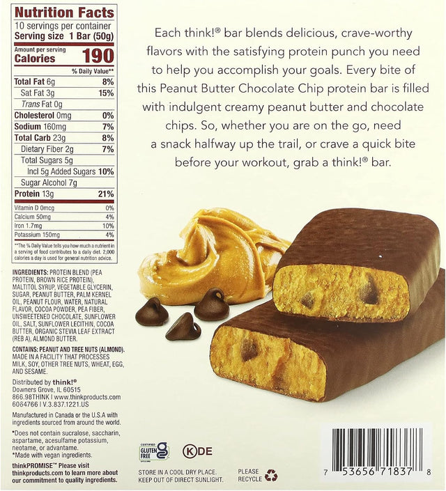 Think! Vegan/Plant Based High Protein Bars - Peanut Butter Chocolate Chip, 13G Protein, 5G Sugar, No Artificial Sweeteners, Non GMO Project Verified, 10 Count (Packaging May Vary)