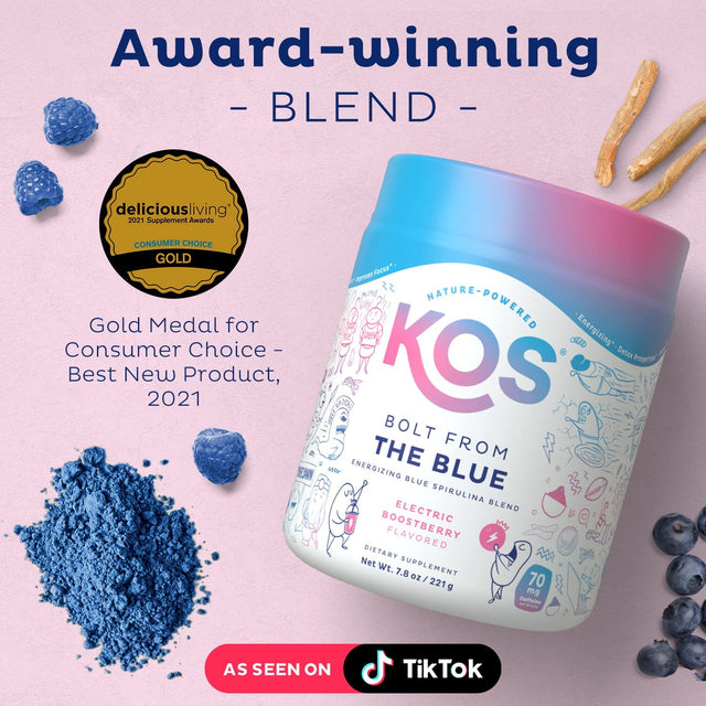 KOS USDA Organic Energizing Blue Spirulina Blend - 70 Mg Organic Caffeine, B-Complex, Ashwagandha Root, Ginseng, Mushroom - Plant Based, Vegan Pre Workout Powder - Blue Raspberry Flavored, 28 Servings