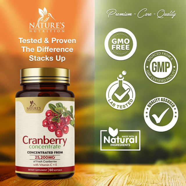 Cranberry Supplement Pills + Extra Strength Vitamin C & E, 25,200Mg Formula Supports Urinary Tract Health Non-Gmo and Gluten Free Nature'S Cranberry Pill Supplement - 60 Softgels