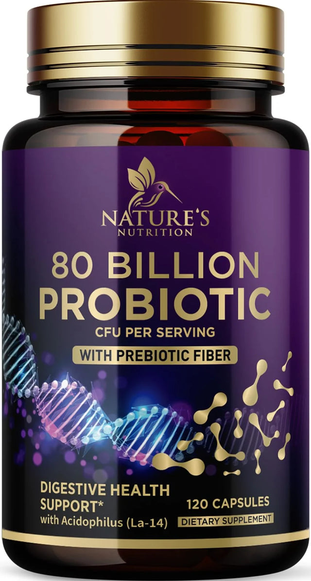 Nature'S Probiotics 80 Billion CFU + Prebiotics, Acidophilus Probiotic Supports Immune System & Digestive Health, Supports Occasional Constipation, Supplement for Women Feminine Health - 120 Capsules