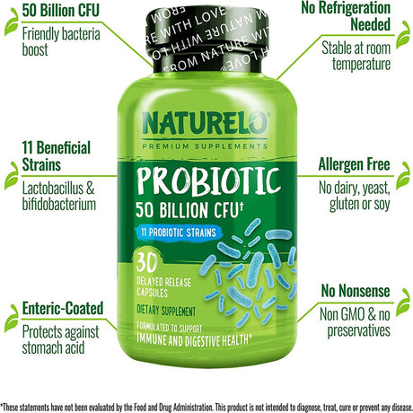 NATURELO Probiotic Supplement - 50 Billion CFU - 11 Strains - One Daily - Helps Support Digestive & Immune Health - Delayed Release - No Refrigeration Needed - 30 Vegan Capsules