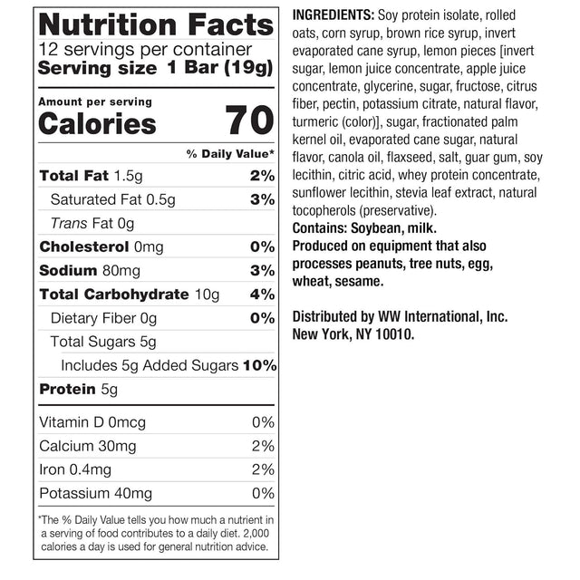 WW Lemon Cookie Mini Bar - High Protein Snack Bar, 2 Smartpoints - 1 Box (12 Count Total) - Weight Watchers Reimagined