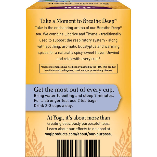 Yogi Tea - Breathe Deep (6 Pack) - Supports Respiratory Health with Eucalyptus, Thyme, and Mullein Leaves - Caffeine Free - 96 Organic Herbal Tea Bags