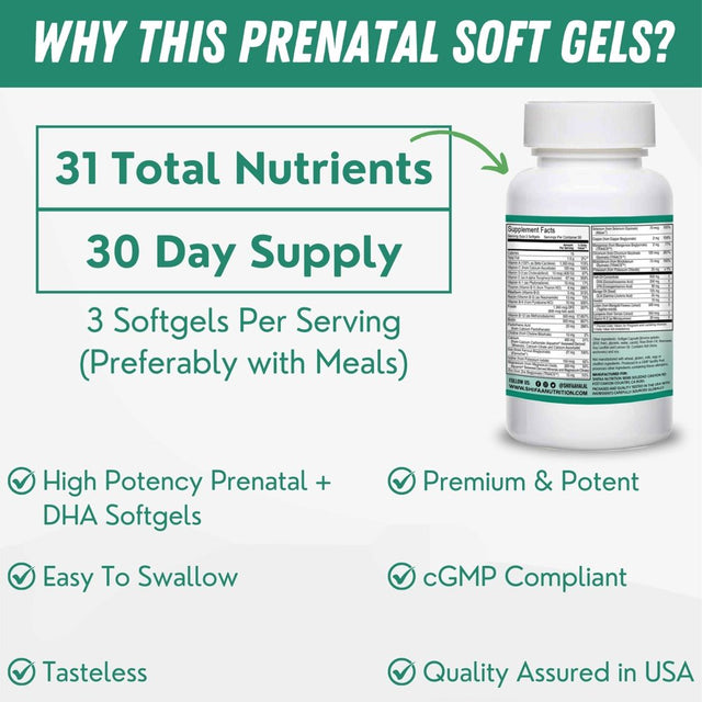 Halal Prenatal Vitamins with DHA and Folic Acid | 30 Servings: DHA 250Mg, Folic Acid 800Mg, EPA 90Mg, Lutein 500Mg, Borage Oil 125Mg, Iodine 50Mg, Calcium 400Mg | Halal Vitamins | SHIFAA NUTRITION