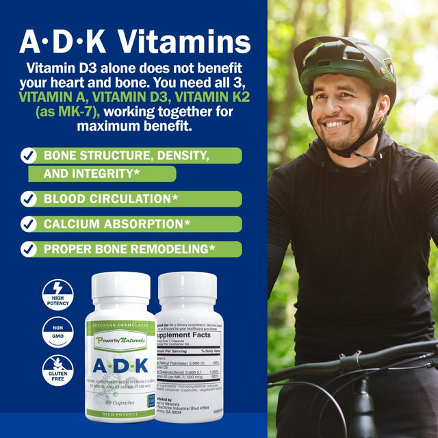 Power by Naturals Bone, Heart, and Immune Support ADK Vitamin D3 K2 and Vitamin A