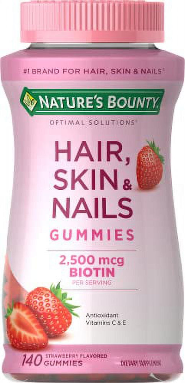 Nature'S Bounty Hair, Skin & Nails with Biotin, Strawberry Gummies Vitamin Supplement, Supports Hair, Skin, and Nail Health for Women, 2500 Mcg, 140 Ct