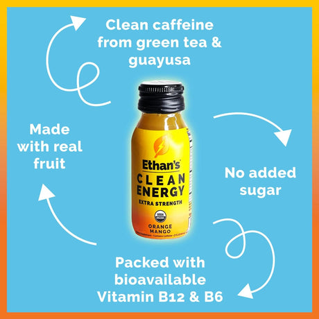 Ethan'S Organic Clean Energy Shots Orange Mango, Sugar Free Natural Pre-Workout Focus Boost, Gluten Free, Vegan, B6 & B12 Vitamin C with Green Tea Extract and Guayusa (24 Pack of 2Oz Shots)