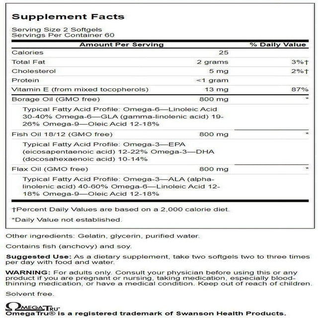 Swanson Multiomega 3-6-9 - Non-Gmo Flax Oil, Borage Oil, and Fish Oil Capsules - Essential Fatty Acids Supporting Cardiovascular Health and Brain Health - (120 Softgels, 2400Mg Serving)