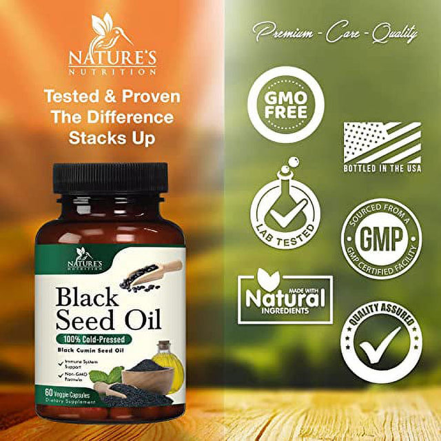 Black Seed Oil Capsules 1000Mg, Premium Cold Pressed Nigella Sativa Black Cumin Seed Oil, Immune Support and Digestion Support from Vegan, Non-Gmo, Blackseed Oil Softgel Supplement - 60 Capsules