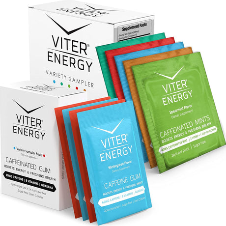 Viter Energy Original Caffeine Mints and Caffeine Gum Variety Flavor Sampler Pack Bundle - Caffeine, B Vitamins, Sugar Free, Vegan, Powerful Energy Booster for Focus and Alertness