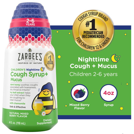 Zarbee’S Kids Cough + Mucus Nighttime with Honey, Ivy Leaf, Zinc & Elderberry, Mixed Berry, 4FL Oz