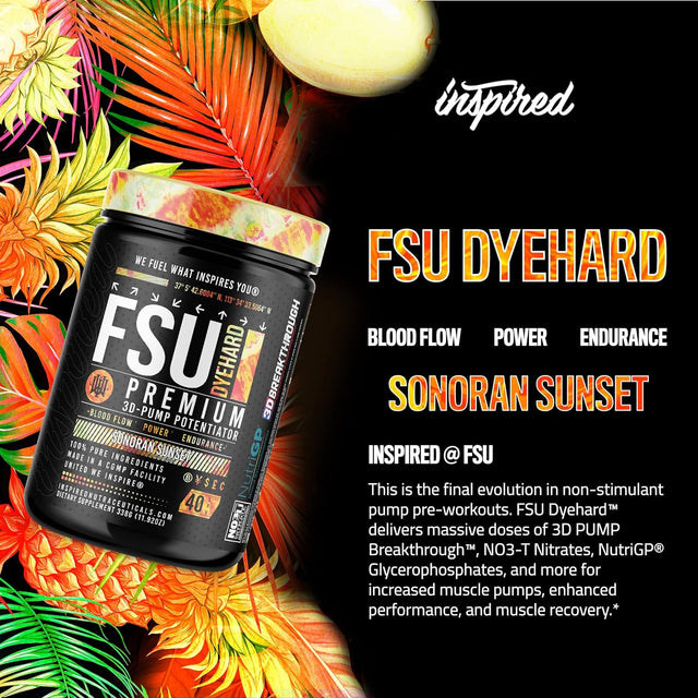 FSU DYEHARD Non-Stim Pre-Workout | 3D Pump + Nutrigp + NO3-T Nitrate | by Inspired Nutraceuticals (Sonoran Sunset)