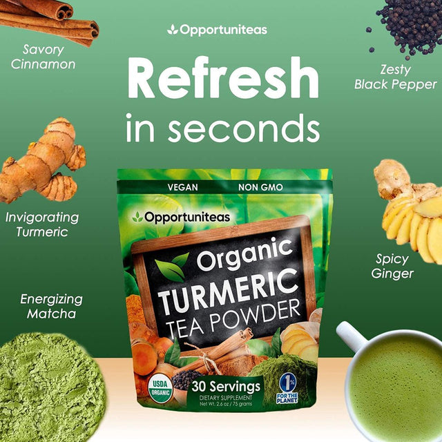 Opportuniteas Turmeric Organic Tea Superfood Powder for Joint Health with Matcha Green Tea, Ginger, Cinnamon 30 Servings