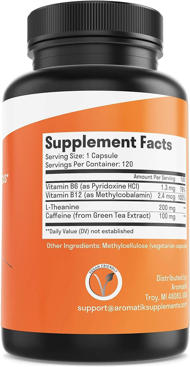 Caffeine L-Theanine Focus Supplement | Caffeine (100 Mg) + L-Theanine (200 Mg) + B Vitamins | Energy Focus Cognition | USA Made at FDA Registered Facility | Vegan Capsules | 120 Servings