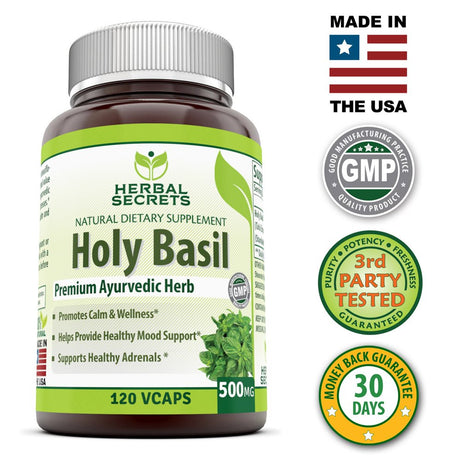 Herbal Secrets Holy Basil 500 Mg 120 Veggie Capsules (Non-Gmo)- Promotes Calm & Wellness, Supports Healthy Adrenals, Helps Provide Healthy Mood Support