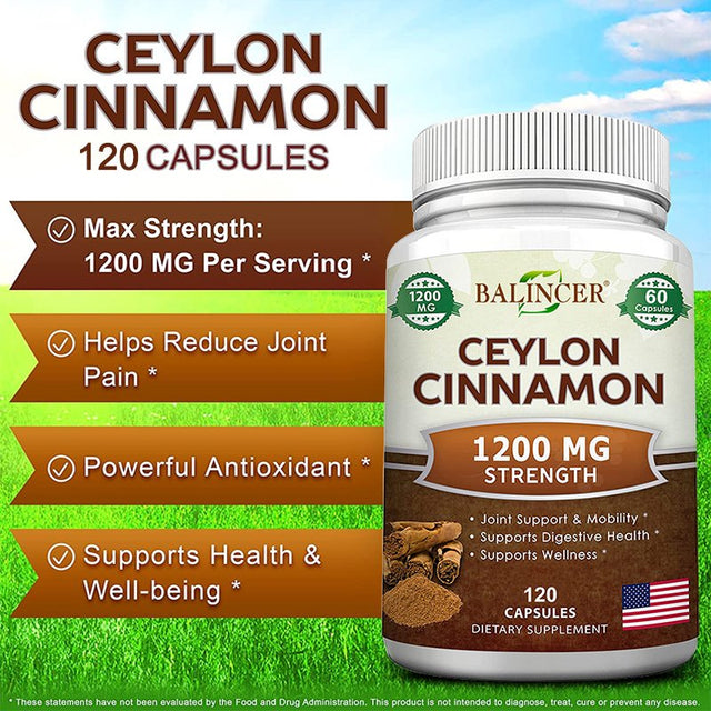 Balincer Natural Ceylon Cinnamon 1200Mg - 60/120 Capsules, True Cinnamon from Sri Lanka, Extract Supplement Pills Promotes Heart Health-120Capsules