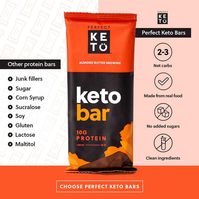 Perfect Keto Bars - the Cleanest Keto Snacks with Collagen and MCT. No Added Sugar, Keto Diet Friendly - 2G Net Carbs, 19G Fat, 10G Protein - Keto Diet Food Dessert (Almond Butter Brownie, 12 Bars)