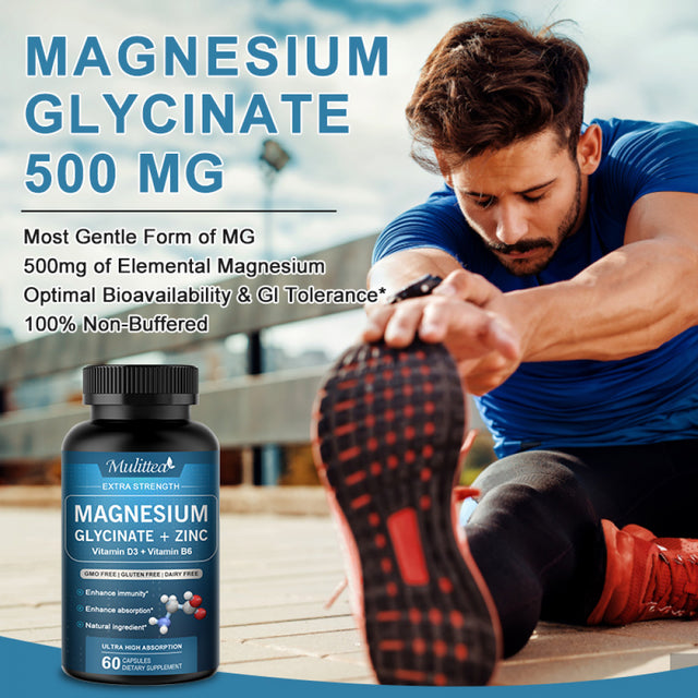 Mulittea Magnesium Glycinate 500Mg - Magnesium Glycinate Capsules with Zinc Vitamin D3 B6 - Chelated for Maximum Absorption - Improved Sleep Supporting Muscle Cramps, Brain Function, Heart Health