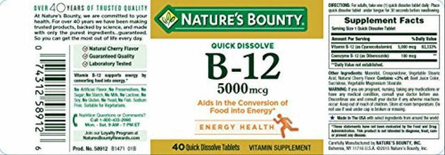 Nature'S Bounty Vitamin B12 5000 Mcg Quick Dissolve Tablets, Natural Cherry 40 Each