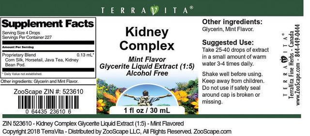 Terravita Kidney Complex Glycerite Liquid Extract (1:5) - Mint Flavored, (Mint, 1 Oz, 1-Pack, Zin: 523610)