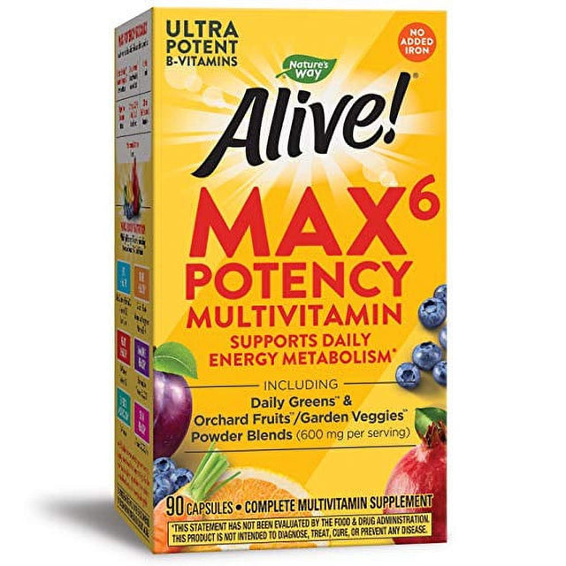 Natureâ€™S Way Alive! Max6 Potency Multivitamin, Whole Body Nutrition, High Potency B-Vitamins, 90 Capsules