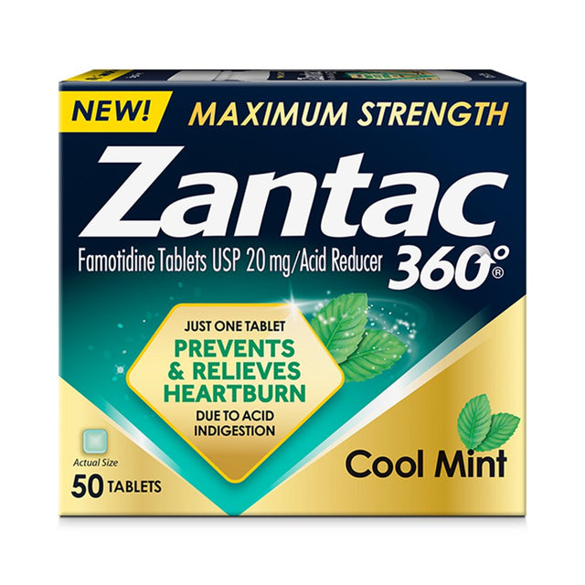 Zantac 360 Maximum Strength Prevents & Relieves Heartburn Cool Mint 20Mg Tablets /Acid Reducer 50Ct