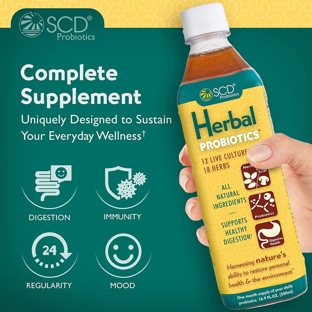 SCD Herbal Probiotics - 16.9 Fl Oz, Bioavailable Liquid Probiotic Supplement, 12 Live Strains Incl. Acidophilus, 18 Herbs Incl. Adaptogen Reishi Mushroom