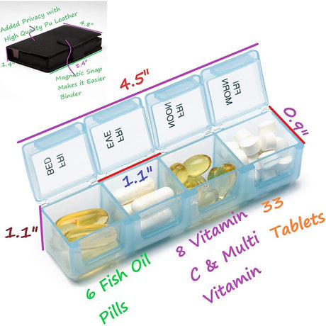 Extra Large 7 Day 4 Doses a Day Travel / Home Pill Box Holder Dispenser Prescription Medication & Supplements Organizer with PU Leather Private Booklet Case-Each Compartment Fits 9 Fish Oils Vitamin D