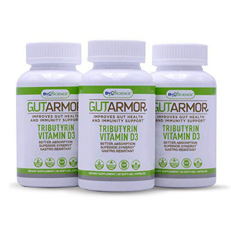 GUT ARMOR by Byoscience - Supports Gut Health & Immunity - Ultra-Pure Butyrate in Form of Tributyrin and Vitamin D3 3000 IU 500Mg - Maximum Absorption to Support Gut Microbiome - 90 Soft Gel Capsules