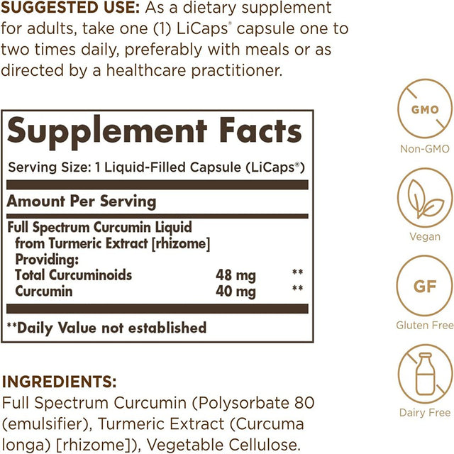 Solgar Full Spectrum Curcumin Liquid Extract, 60 Softgels - Faster Absorption - Brain, Joint & Immune Health - Long Lasting Support - Gluten Free, Non GMO, Dairy Free, Soy Free - 60 Servings